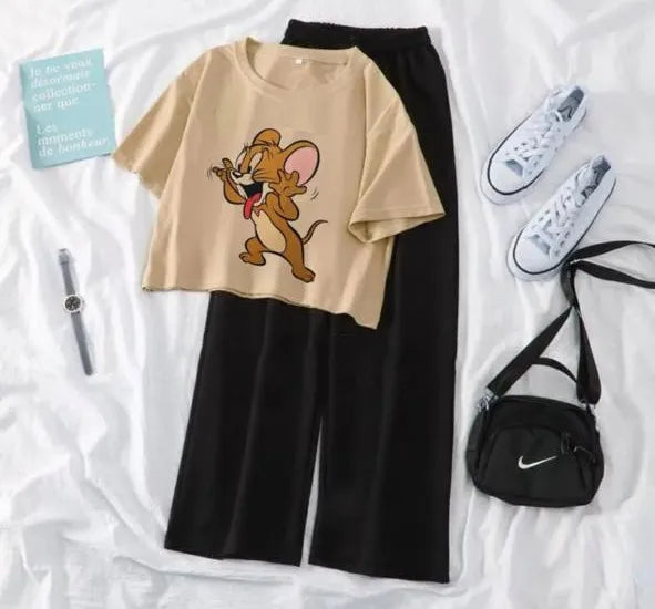 Summer Cozy Short Sleeve Tee with Flapper Trouser Combo for Women and Girls